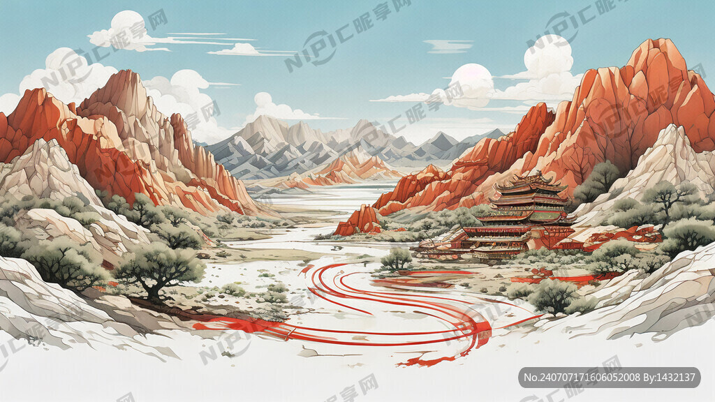 手绘 青海风景 线条