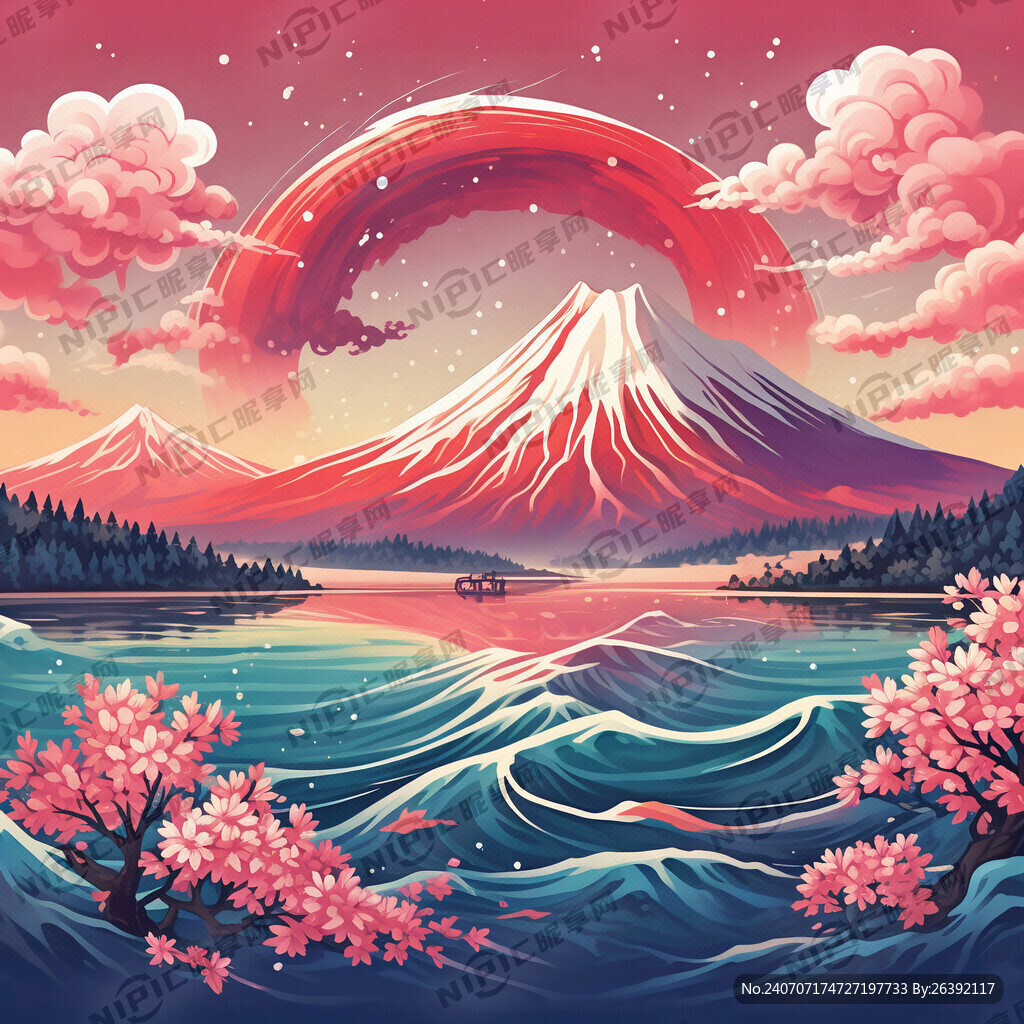 卡通的富士山 包含樱花 鱼纹