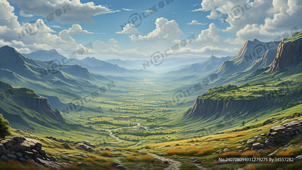 山谷 草原 植被 蓝天白云