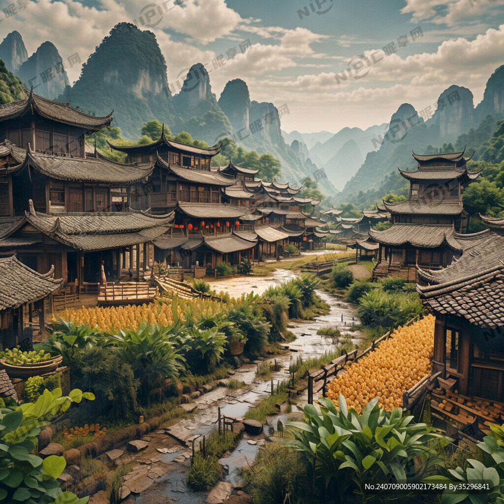 张家界农田 土家族吊脚楼