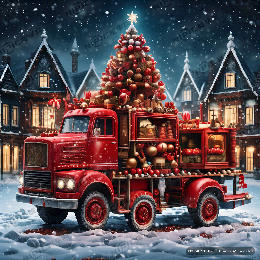 圣诞红色卡车放圣诞树