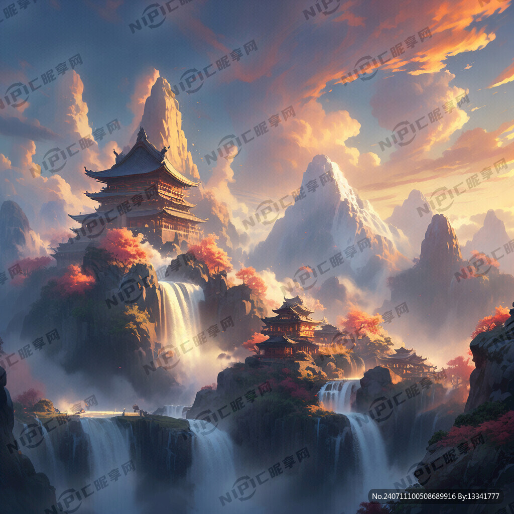 祥云夕边太阳 高山流水 小庙