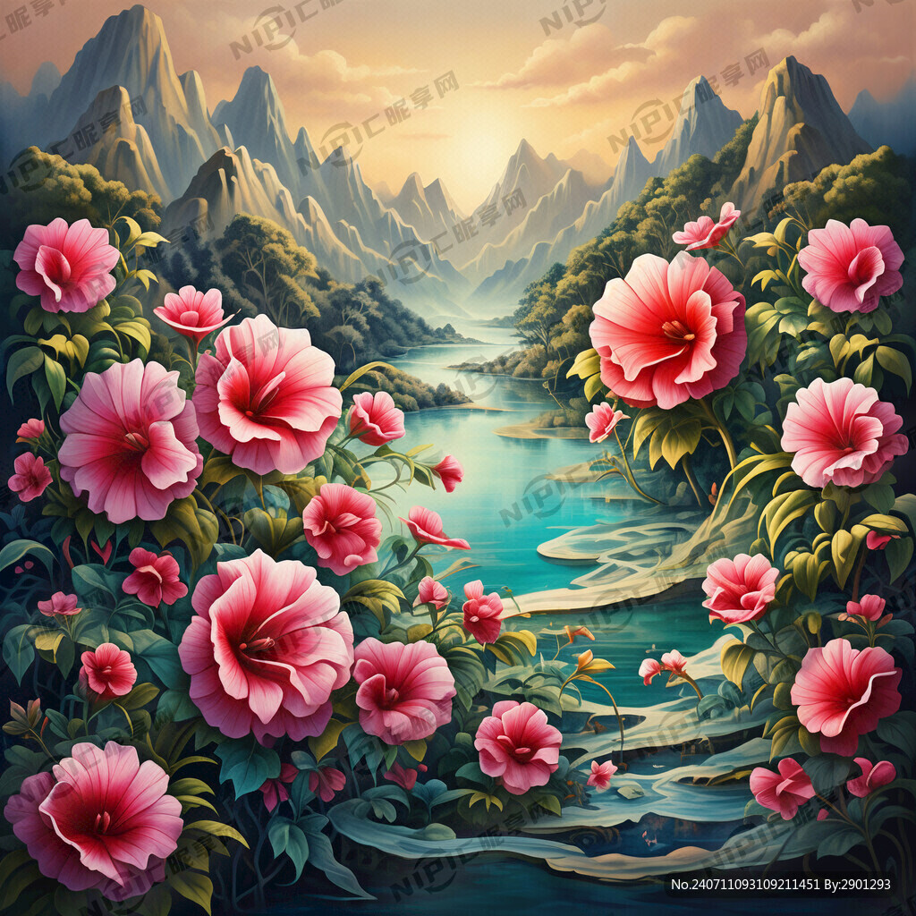 高档牵牛花 国风山水 展开图