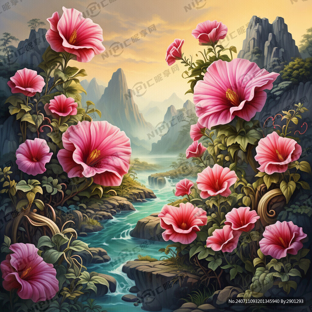 高档牵牛花 国风山水 展开图