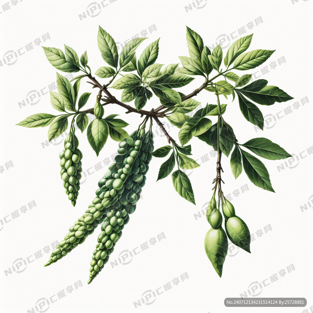 一根长了皂荚的枝条 少量绿叶