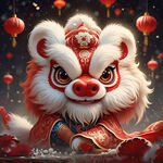 舞狮，狮头，炫彩，喷墨，中国风，喜庆，过年气息，大红色，梦幻，完整，可爱，大眼睛，新年