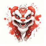 舞狮，狮头，炫彩，喷墨，中国风，喜庆，过年气息，大红色，梦幻，完整，可爱，大眼睛，新年