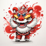 舞狮，狮头，炫彩，喷墨，中国风，喜庆，过年气息，大红色，梦幻，完整，可爱，大眼睛，新年