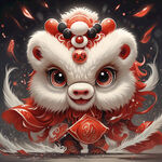 舞狮，狮头，炫彩，喷墨，中国风，喜庆，过年气息，大红色，梦幻，完整，可爱，大眼睛，新年