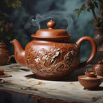工夫茶，茶壶，紫砂，国风，龙纹浮雕，细节雕刻，仙境背景