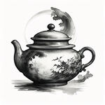 工夫茶，茶壶，紫砂，国风，龙纹浮雕，细节雕刻，仙境背景
