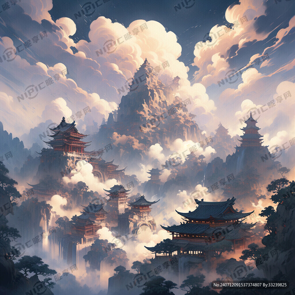 古画 山 楼宇 祥云