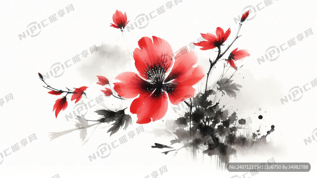 花 水墨 中国画 抽象 白底