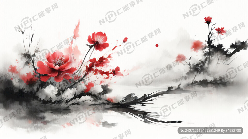 花 水墨 中国画 抽象 白底
