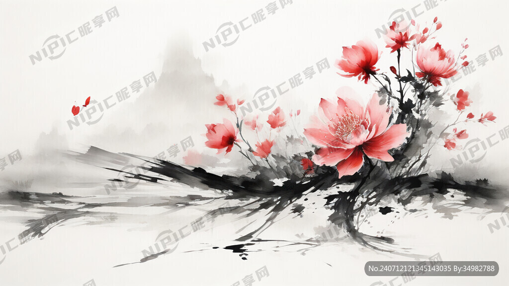 花 水墨 中国画 抽象 白底