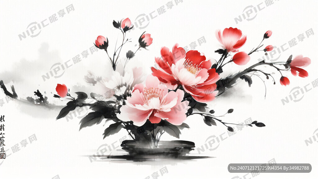 花 水墨 中国画 抽象 白底