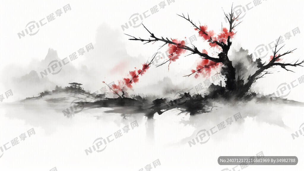 梅 水墨 中国画 抽象 白底