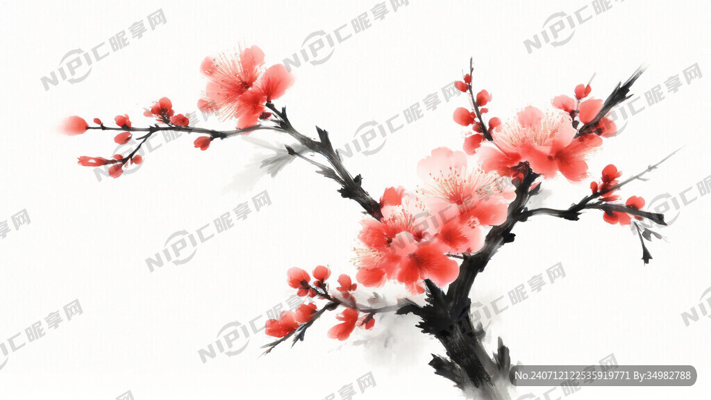 梅 水墨 中国画 抽象 白底