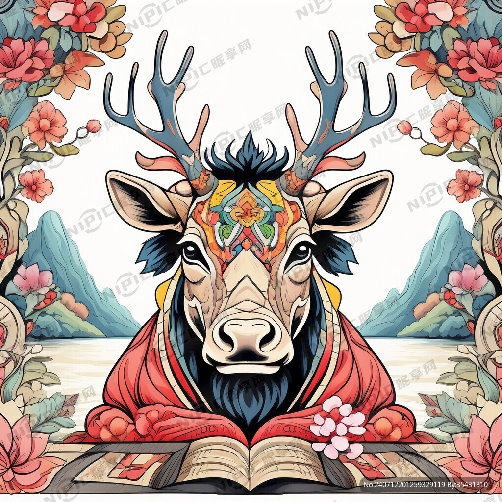 双鹿听经色彩丰富线描平面设计