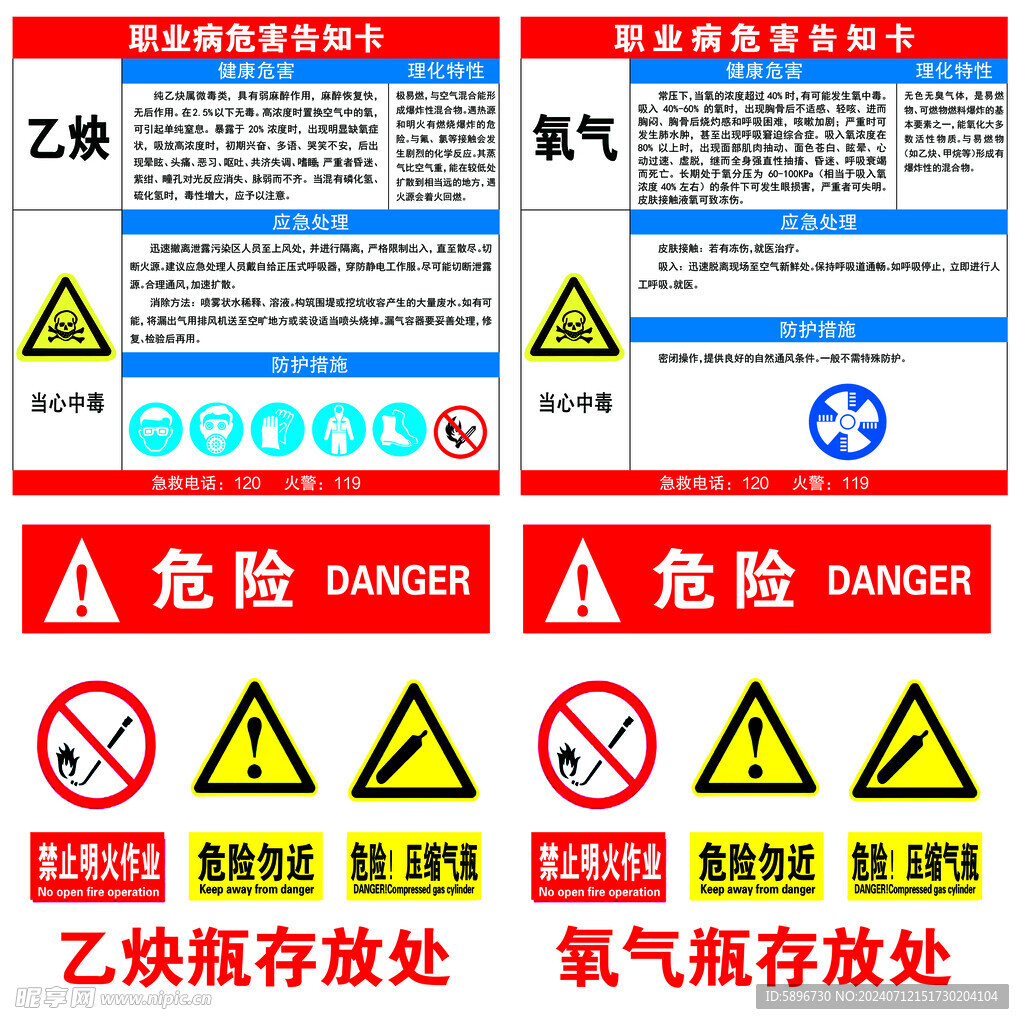 乙炔 氧气危害告知卡  存放处