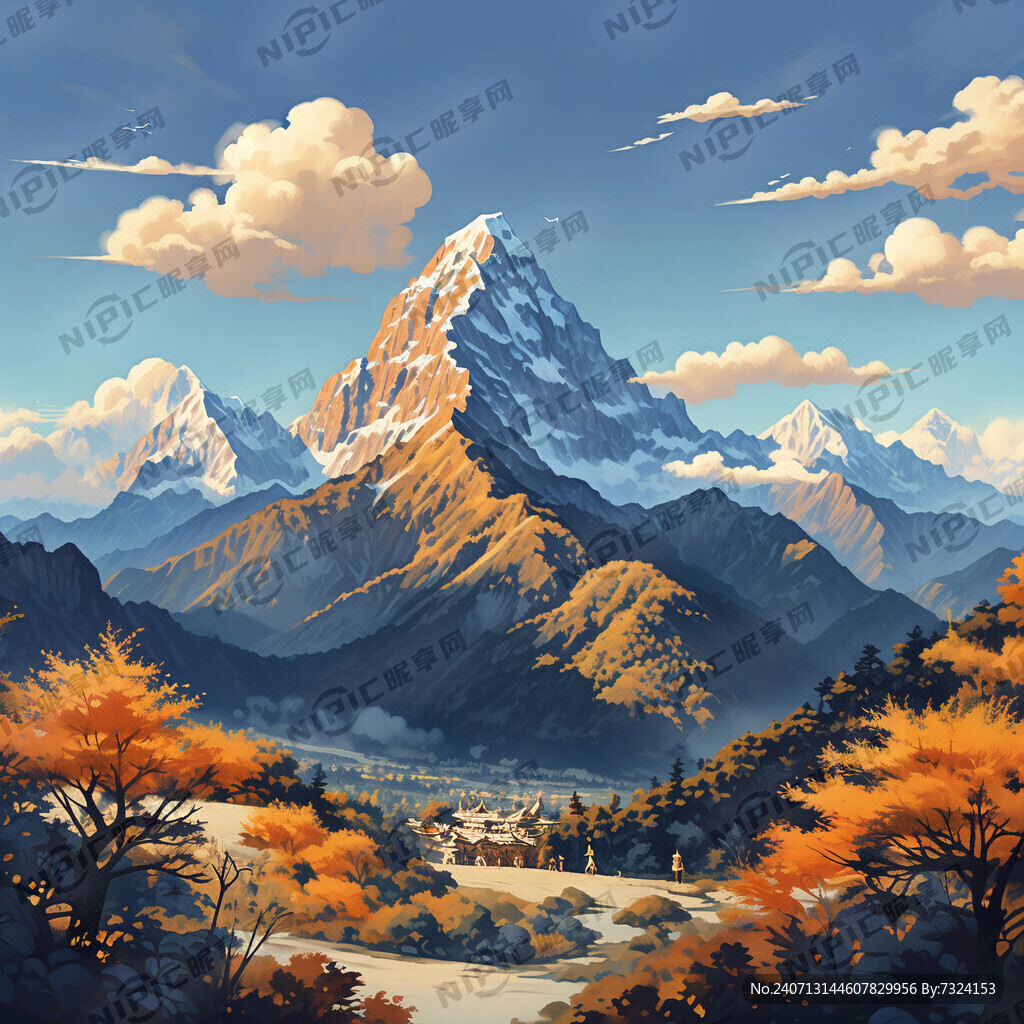 云南梅里雪山 滇金丝猴风景插画