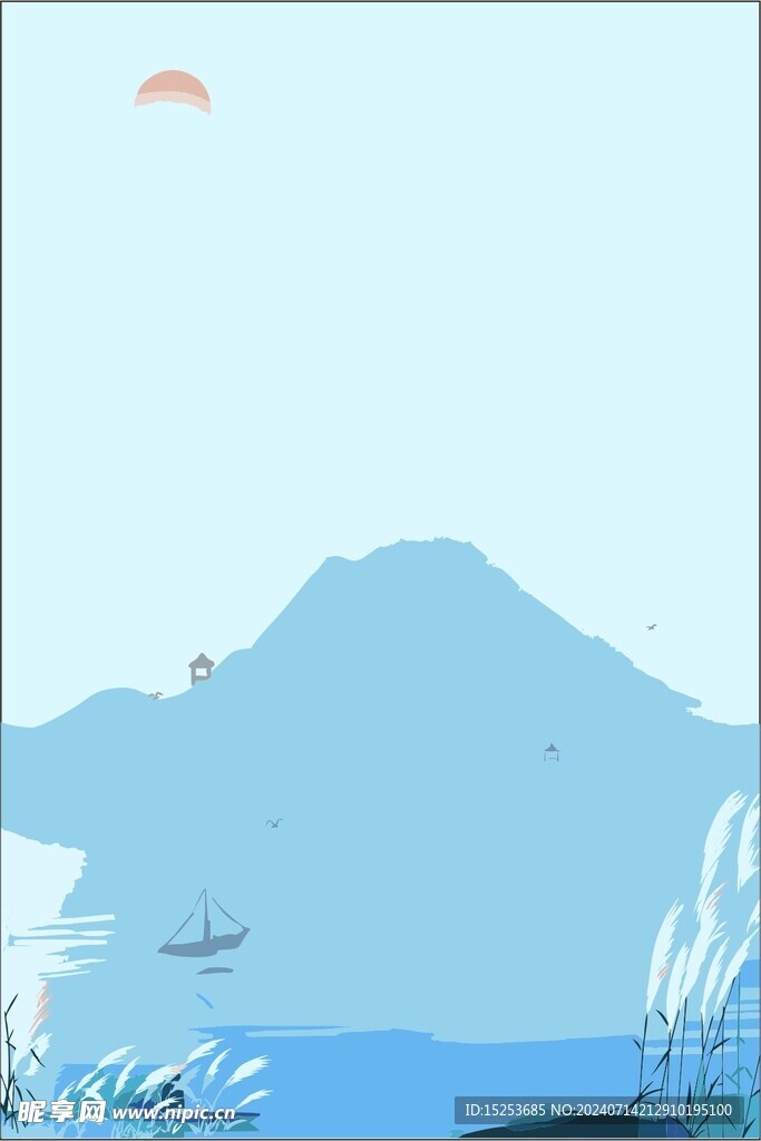 水墨山脉湖泊落日芦苇背景图