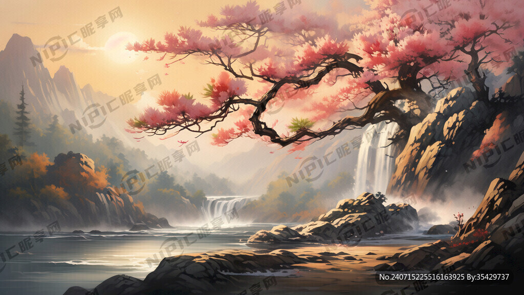 朝阳晨光 迎客松 高山瀑布