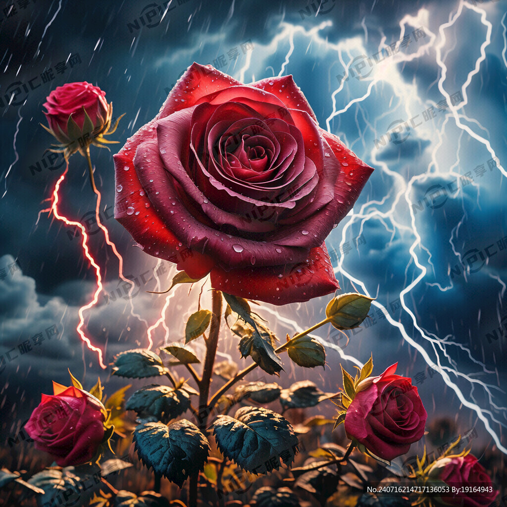 月季花在雷电风雨中顽强不屈
