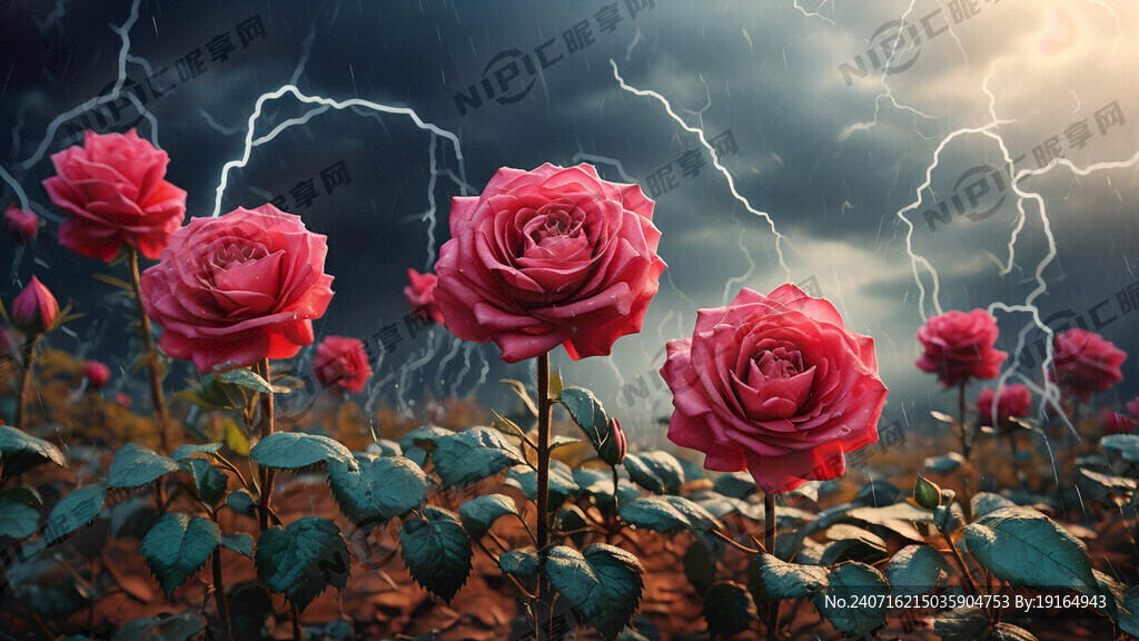 月季花在雷电风雨中顽强不屈