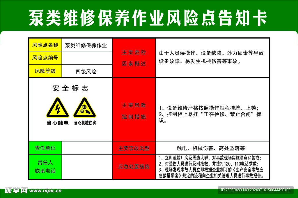 泵类维修保养作业风险点告知卡