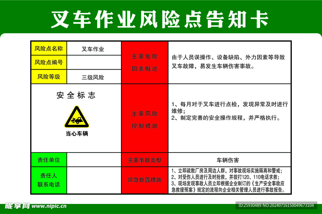 叉车风险点告知卡