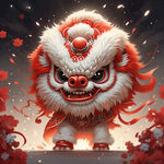 舞狮，狮头，炫彩，喷墨，中国风，喜庆，过年气息，大红色，梦幻，完整，可爱，大眼睛，新年