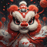舞狮，狮头，炫彩，喷墨，中国风，喜庆，过年气息，大红色，黑色，梦幻，完整，可爱，大眼睛，新年