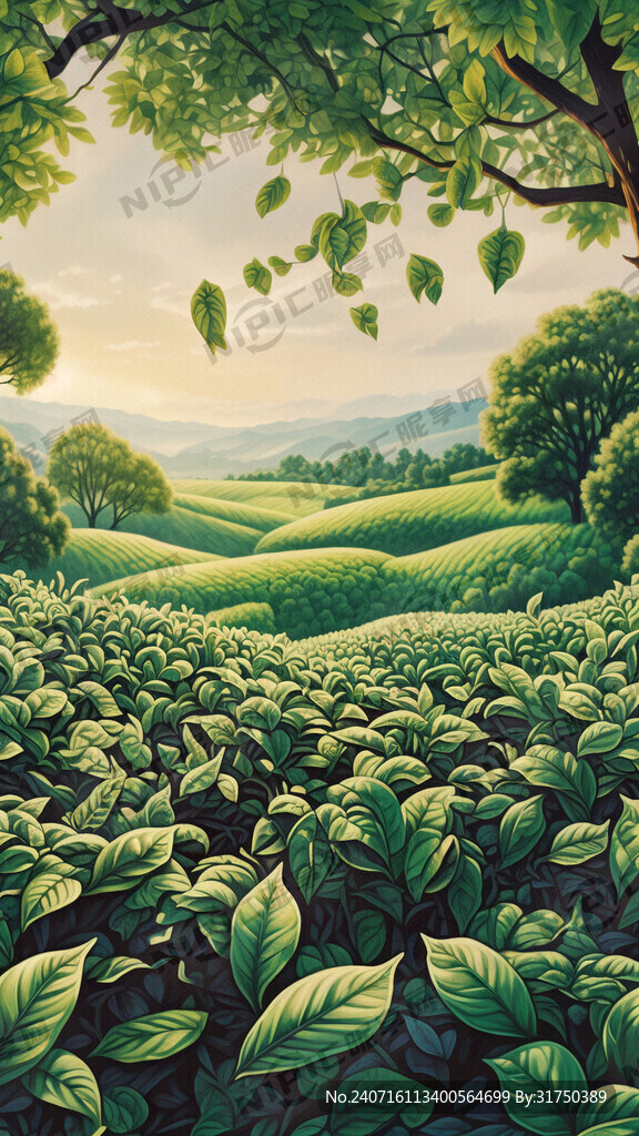 背景茶叶原地 茶田园场景 彩铅