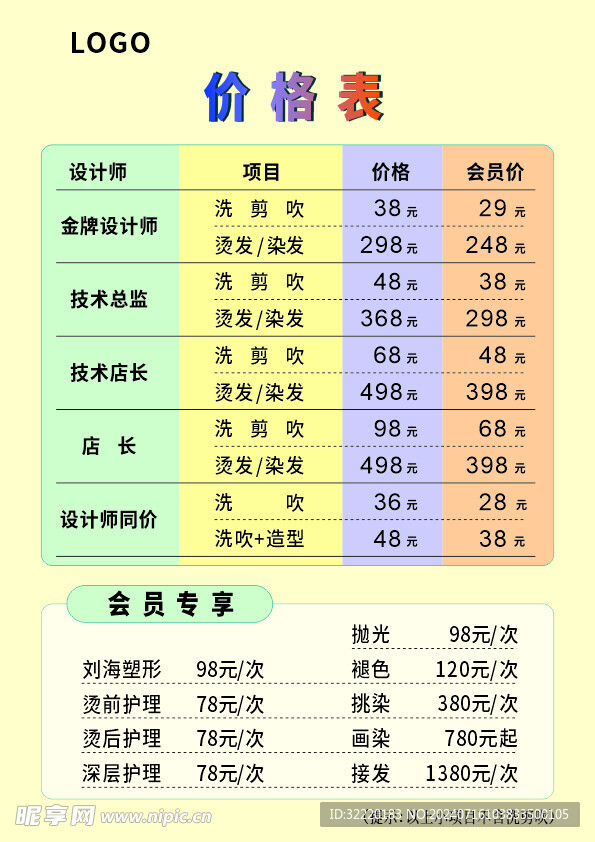 美容美发价格表