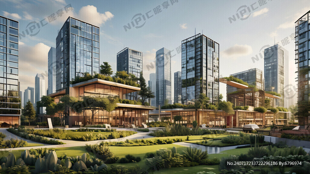现代都市建筑与草地森林交融
