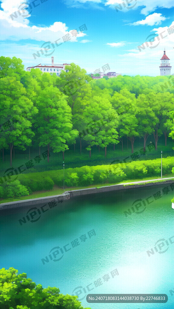 河边有一栋楼  蓝天白云 