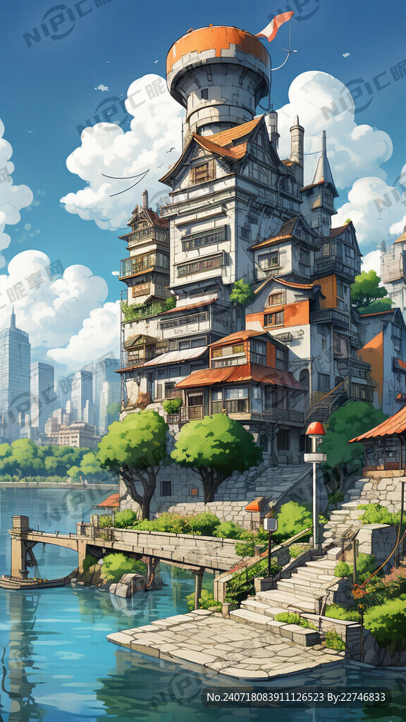河边有一栋楼 动漫风