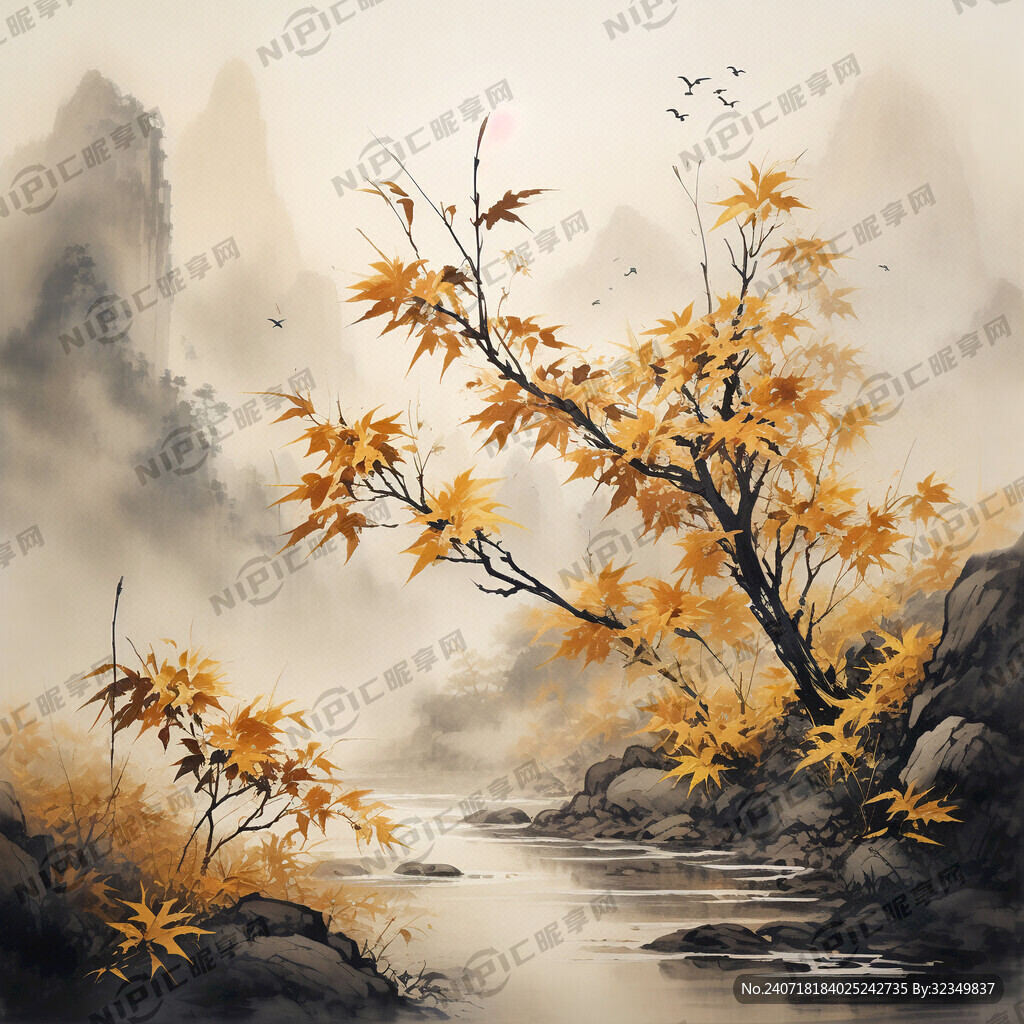 金色竹叶 山谷 中国风 中国画