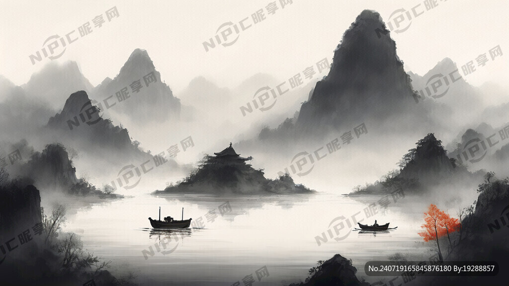 中国风 高山 河流 轻舟 素雅