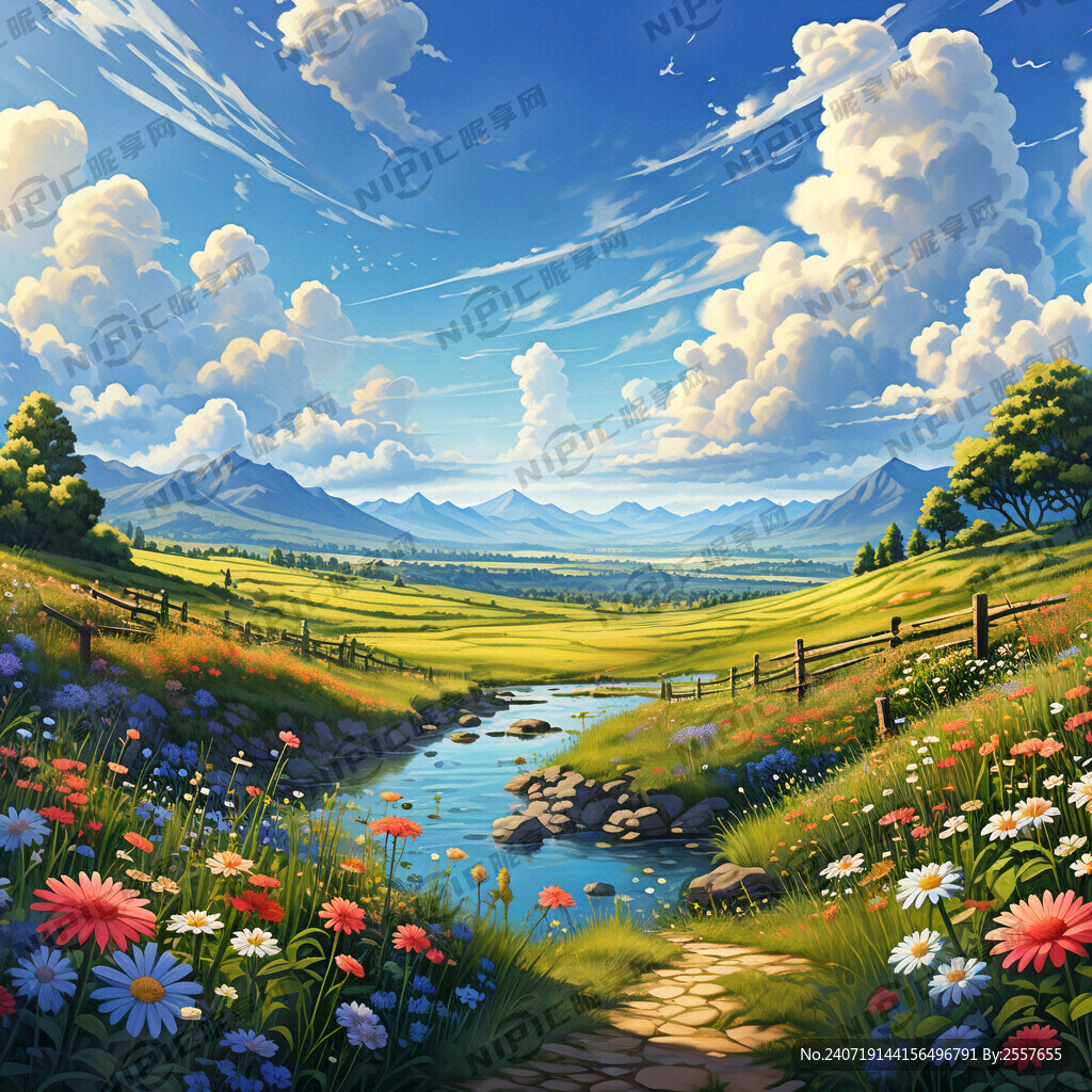 田园风光  蓝天白云 