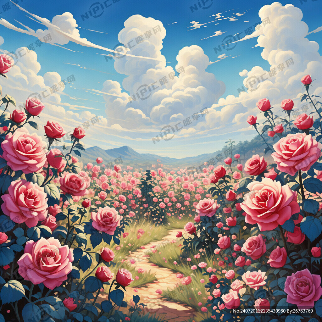 玫瑰田园 彩画 插画 蓝天