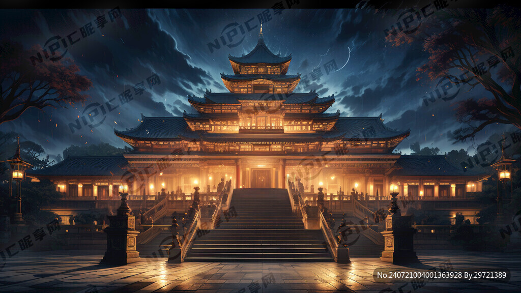 夜晚灯火辉煌的宫殿三层台阶下面