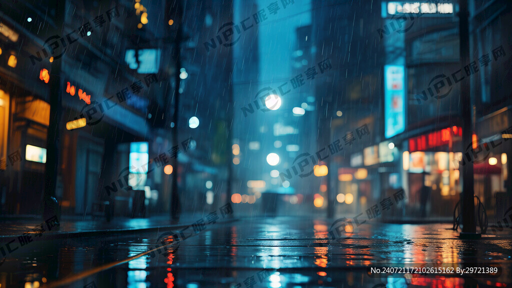 雨夜的街头路灯散发着冷冷的蓝光