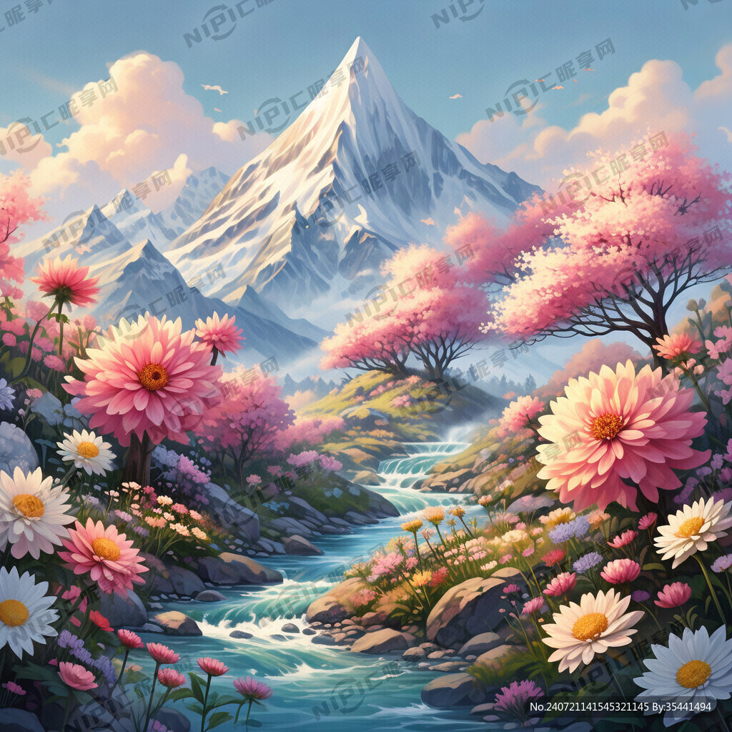 山 花 河流 油画 浅色系