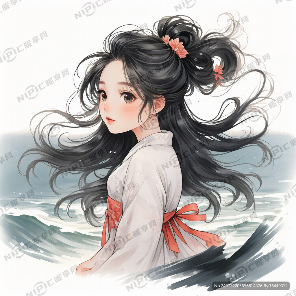 卡通可爱的中国女孩 黑色长发 