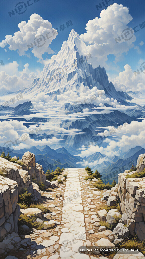 有蓝天、白云、山、地面的手绘画
