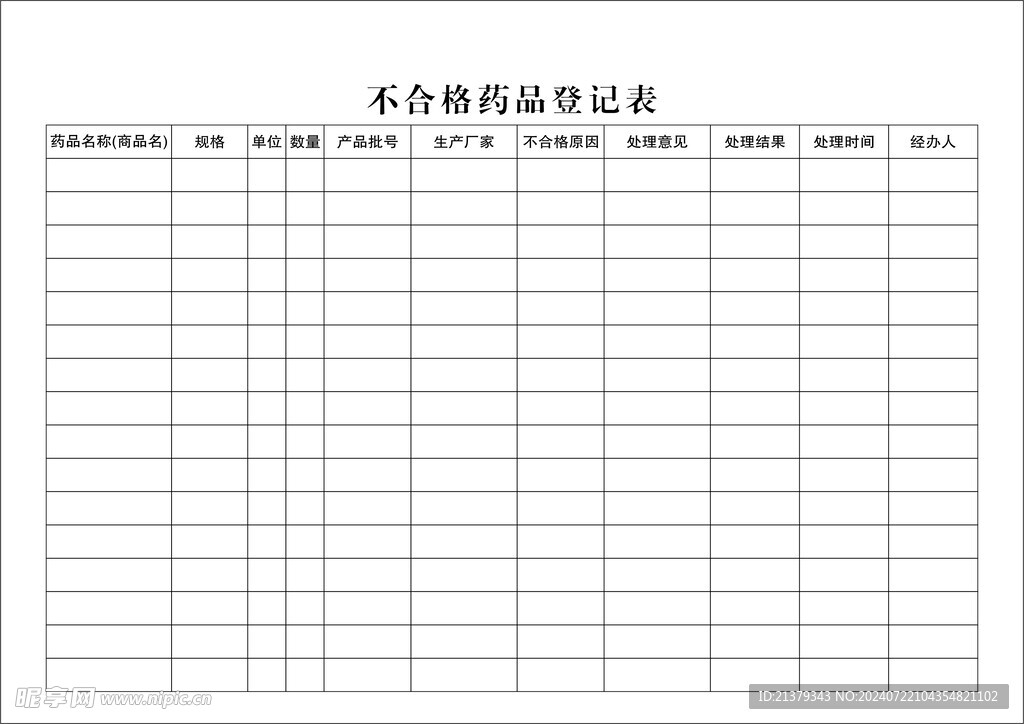 不合格药品登记表