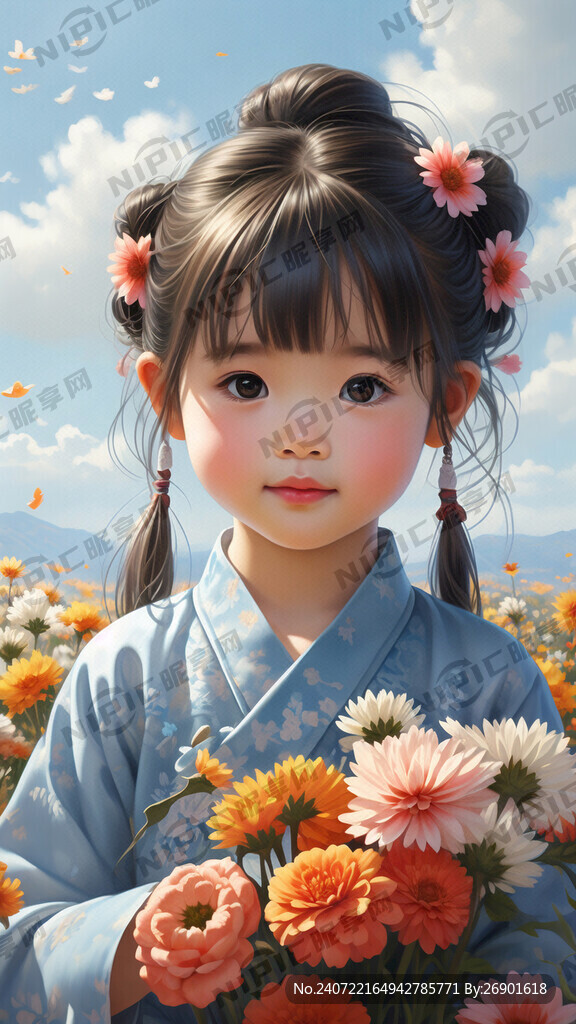 蓝天 白云 花海 可爱小女孩