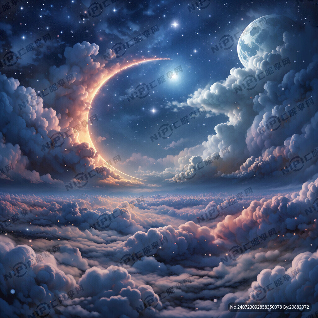 半月 星空 云朵
